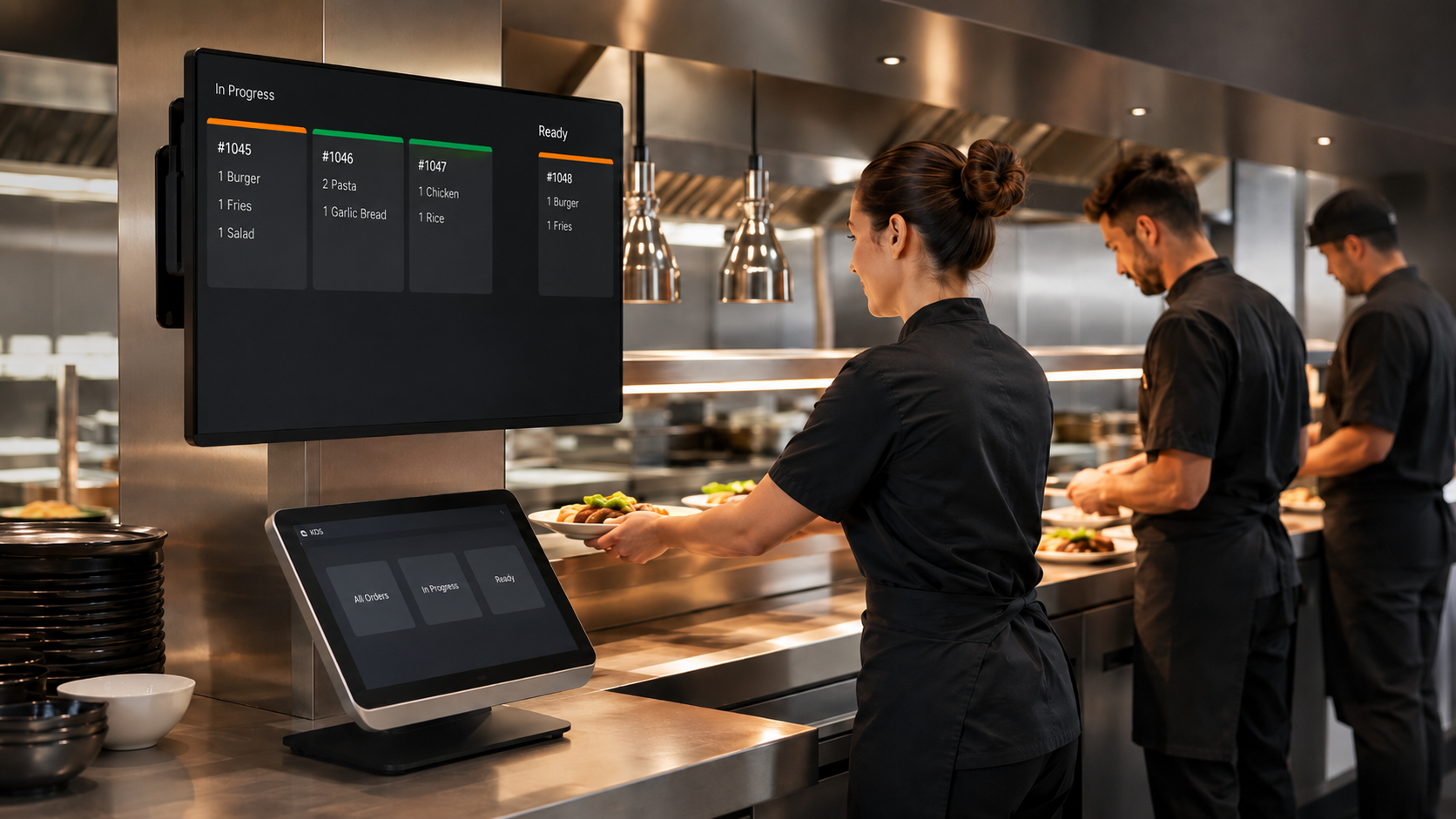 Busy restaurant kitchen pass with kitchen display screens and chefs plating orders