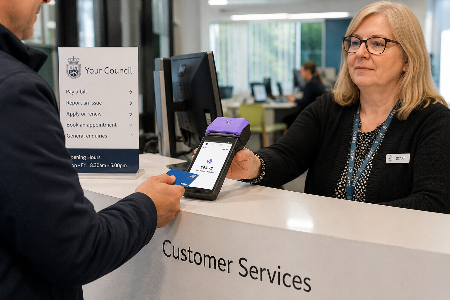 Illustrative contactless payment example at a council customer services desk