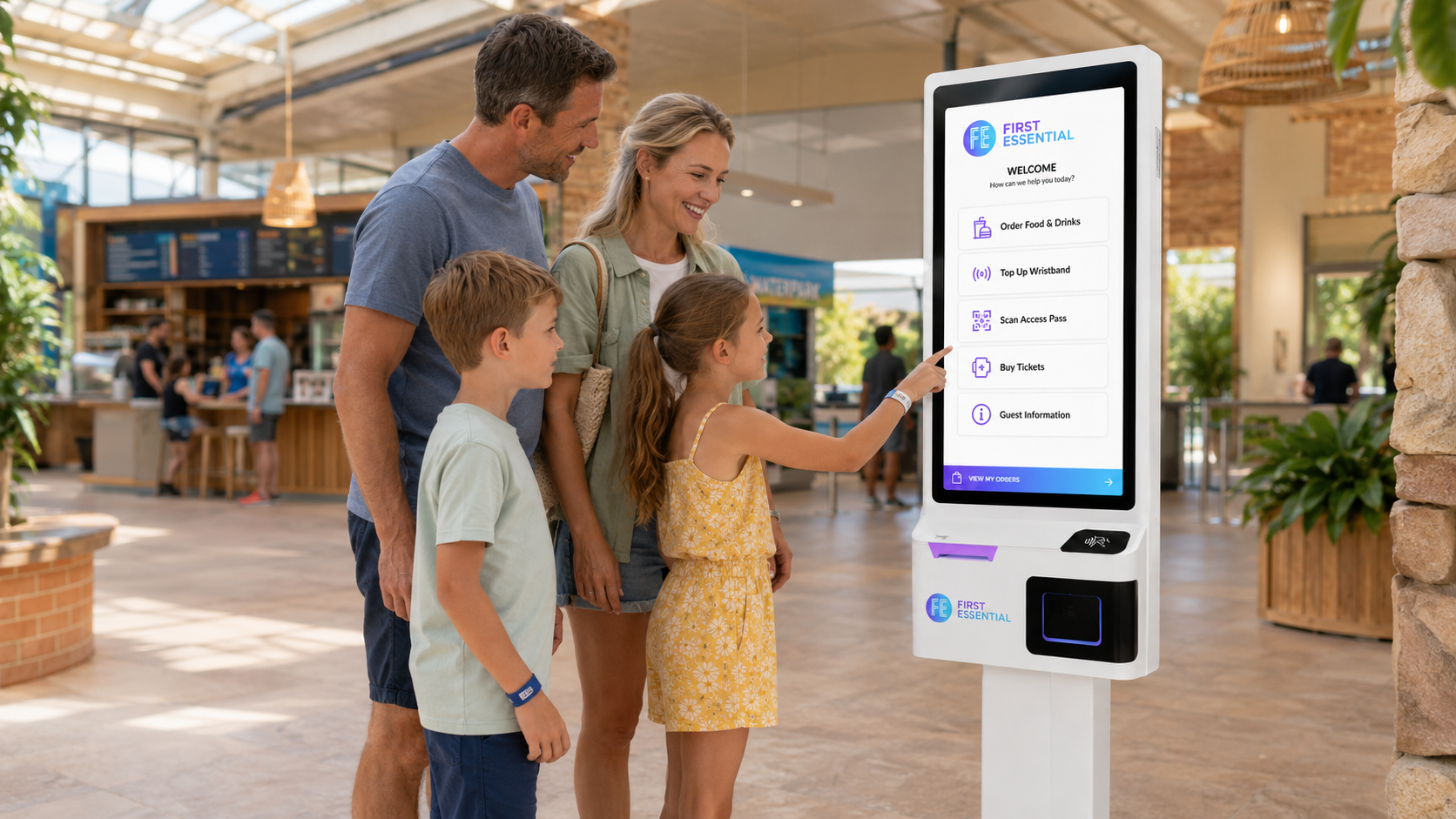 A family using one of our self-service kiosks UK venues rely on to order food and scan an access pass at a resort