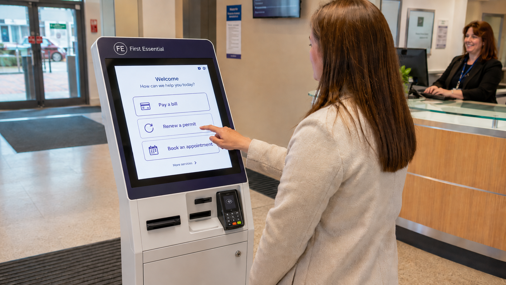 Illustrative self-service kiosk example for a council reception, including payments, permit renewal and appointments