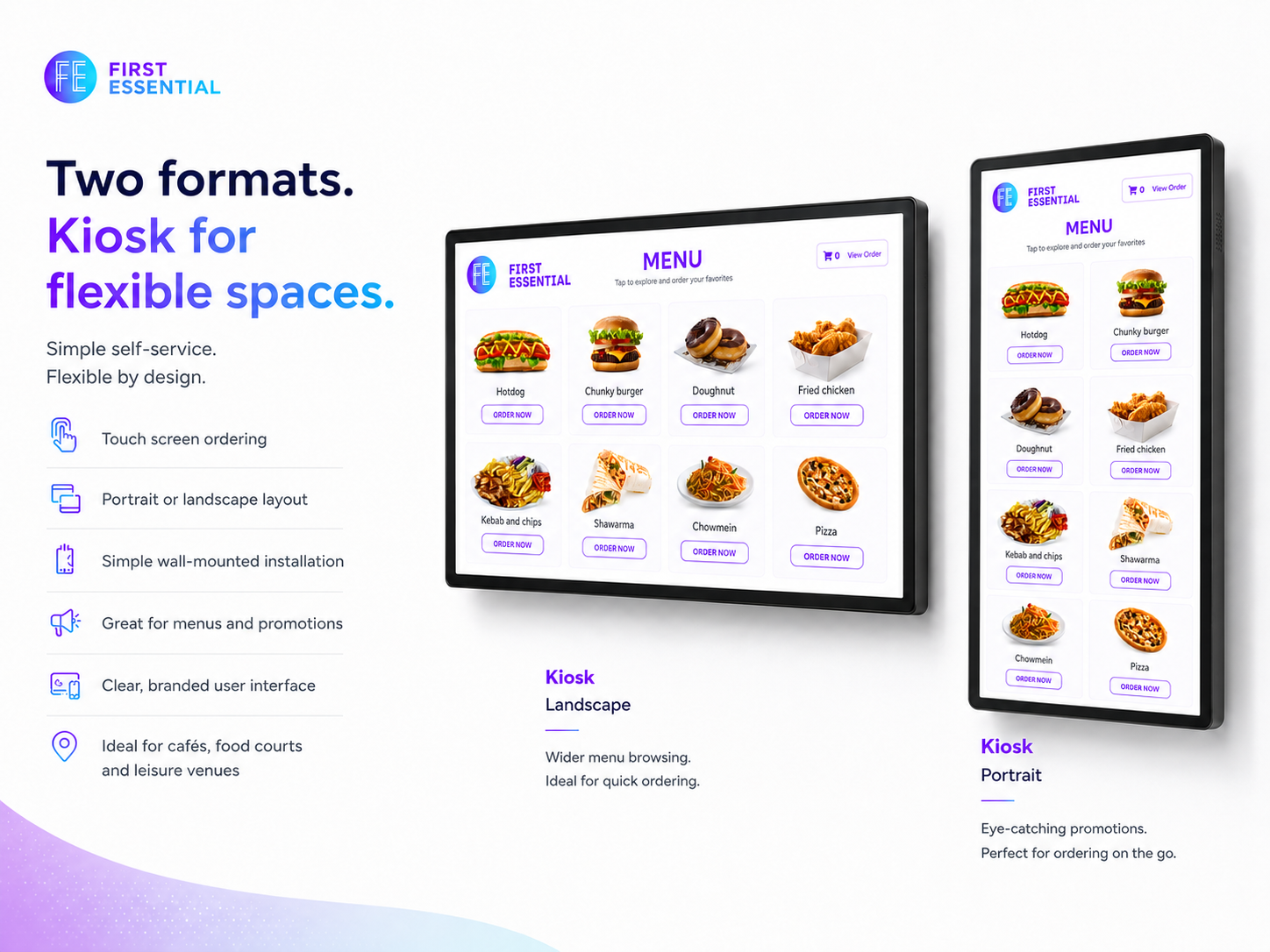Kiosk Lite in landscape and portrait formats, ideal for cafes, food courts and leisure venues