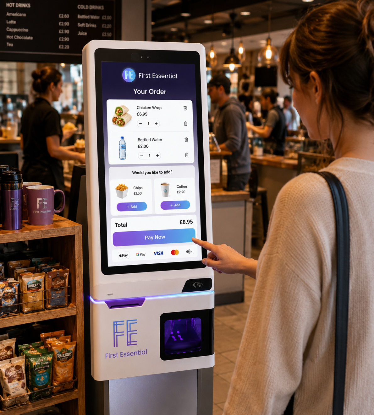 A customer ordering and paying at a First Essential self-service kiosk in a busy cafe