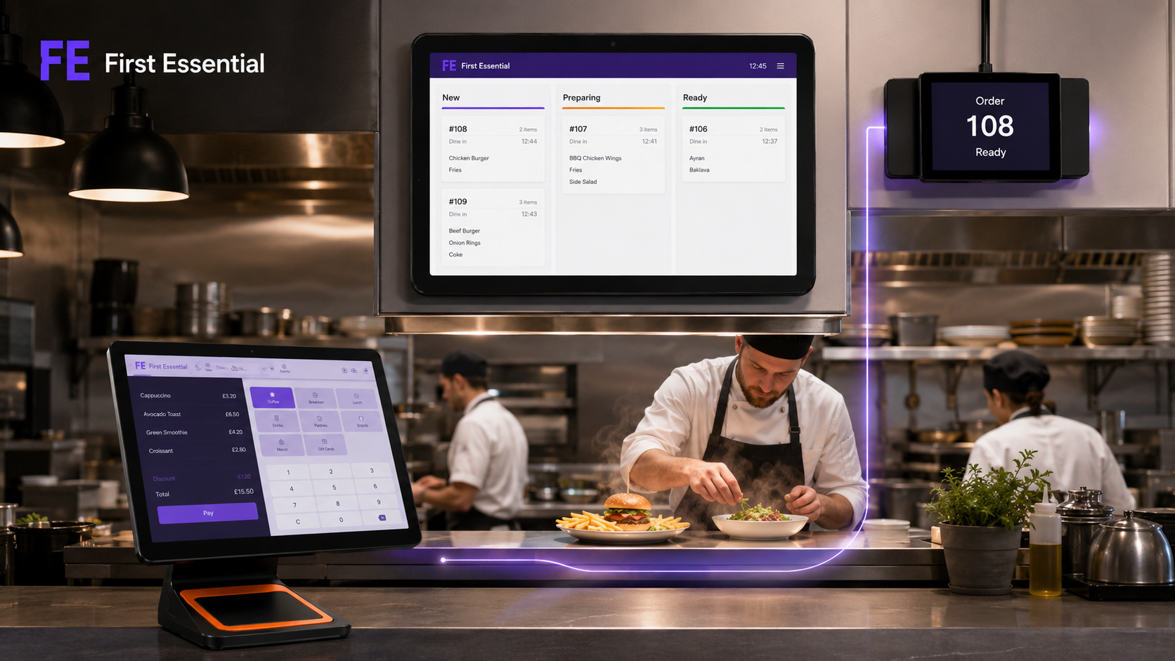 Chefs plating hot food with kitchen display tickets and an order-ready screen in a busy kitchen