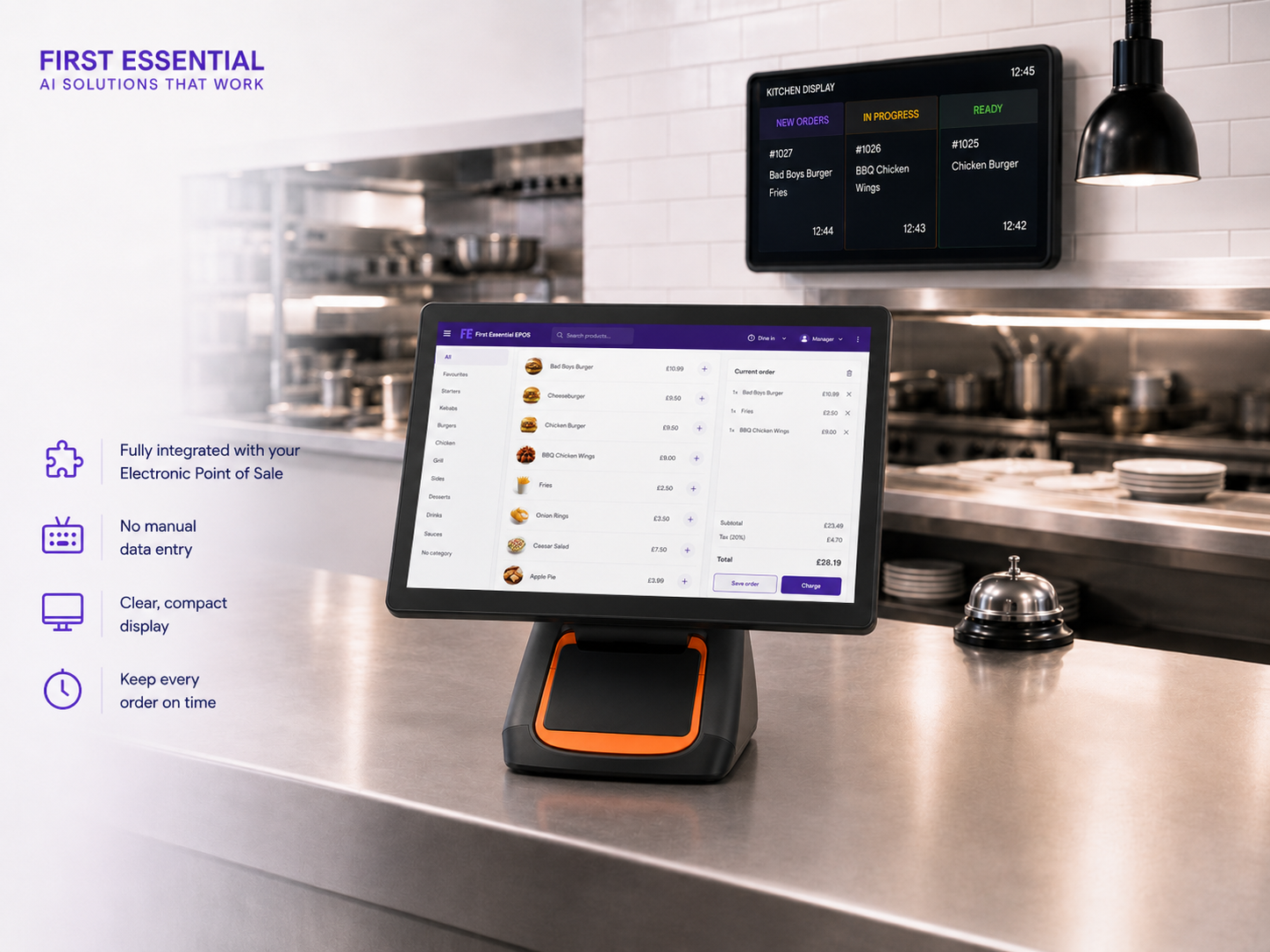 Compact EPOS till with built-in printer, connected to a kitchen display screen showing live orders