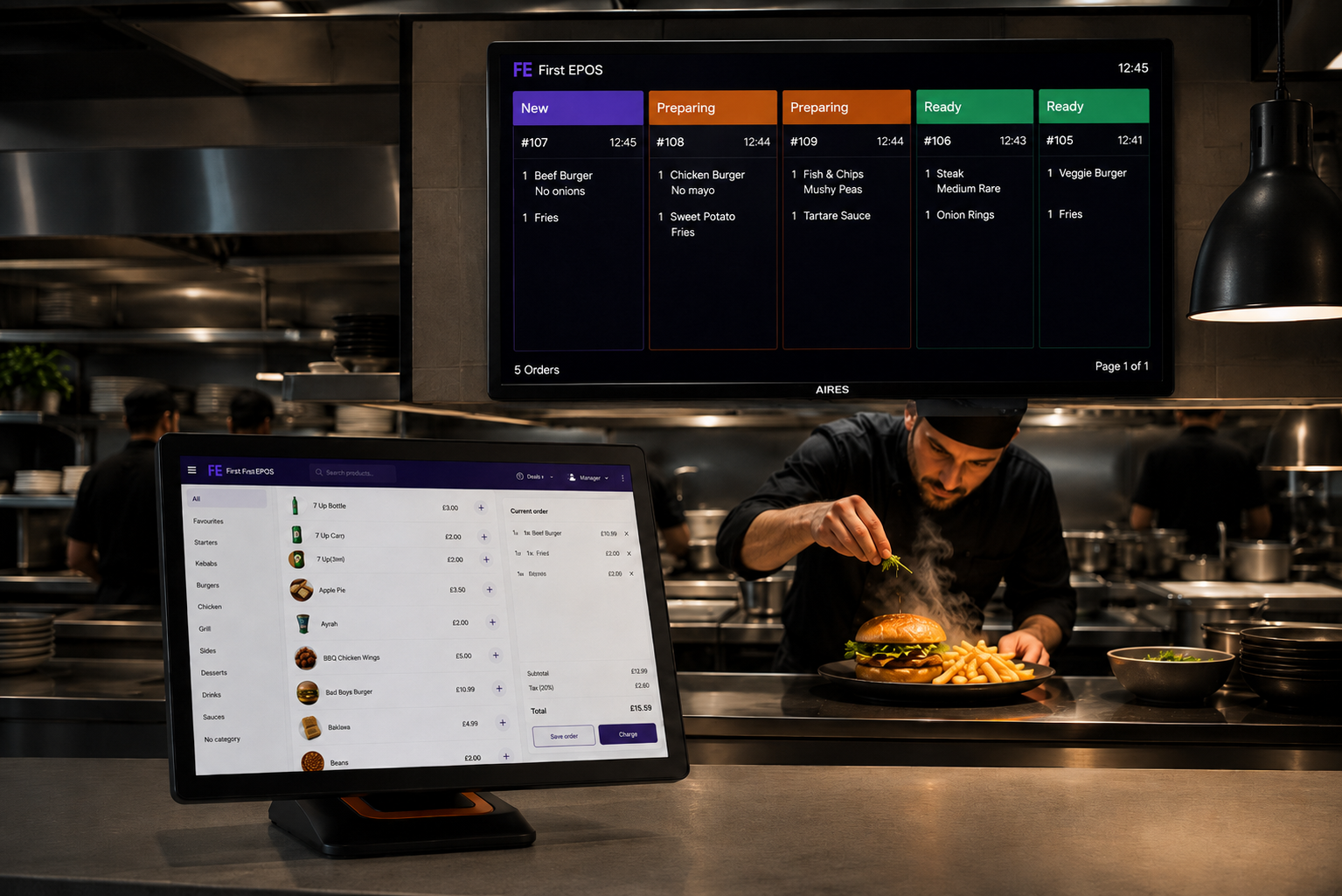 Chef plating a burger with EPOS till and a five-column kitchen display ticket board behind