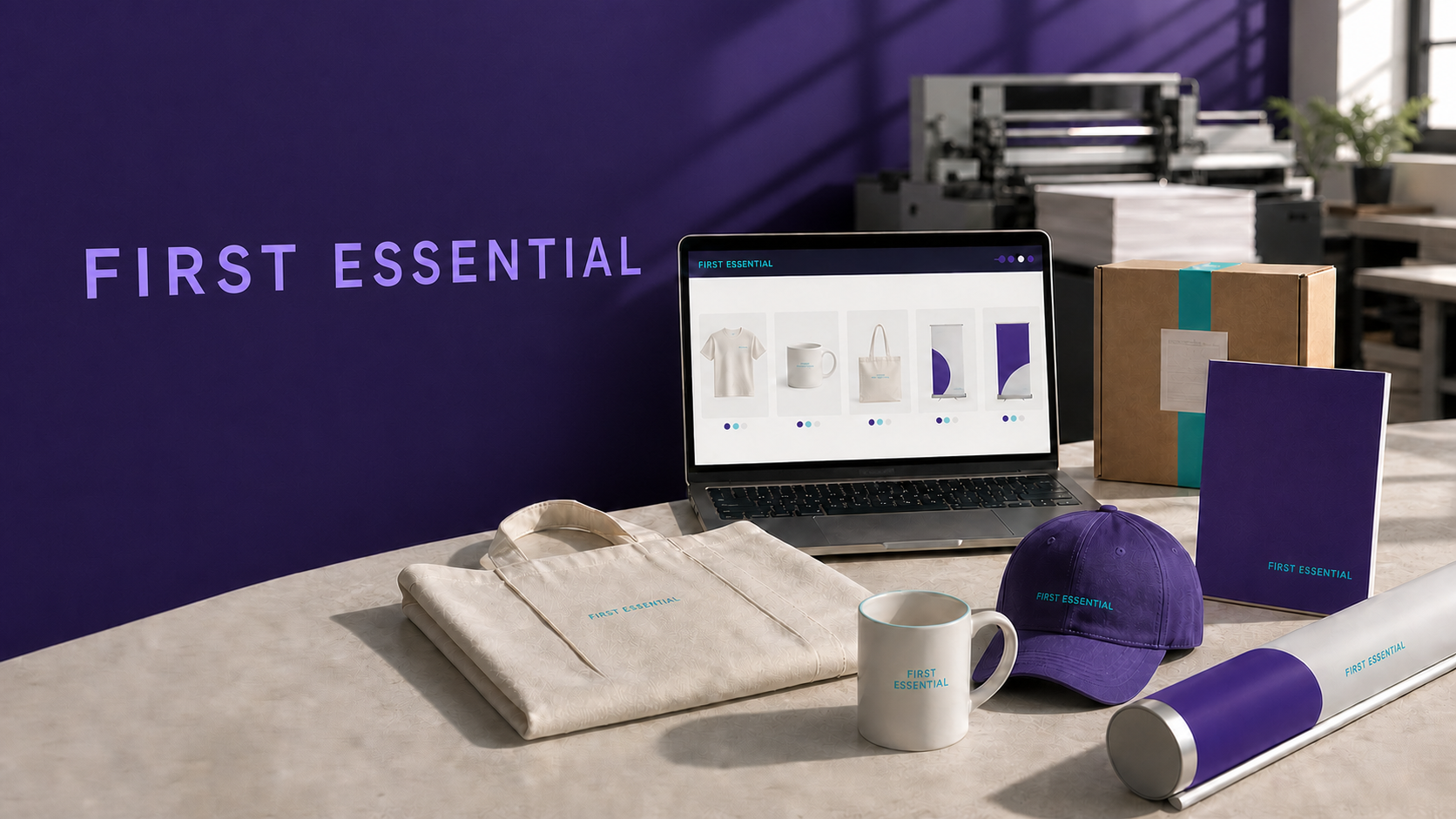 First Essential branded merchandise UK print run, wordmark wall, laptop order screen and packaged print