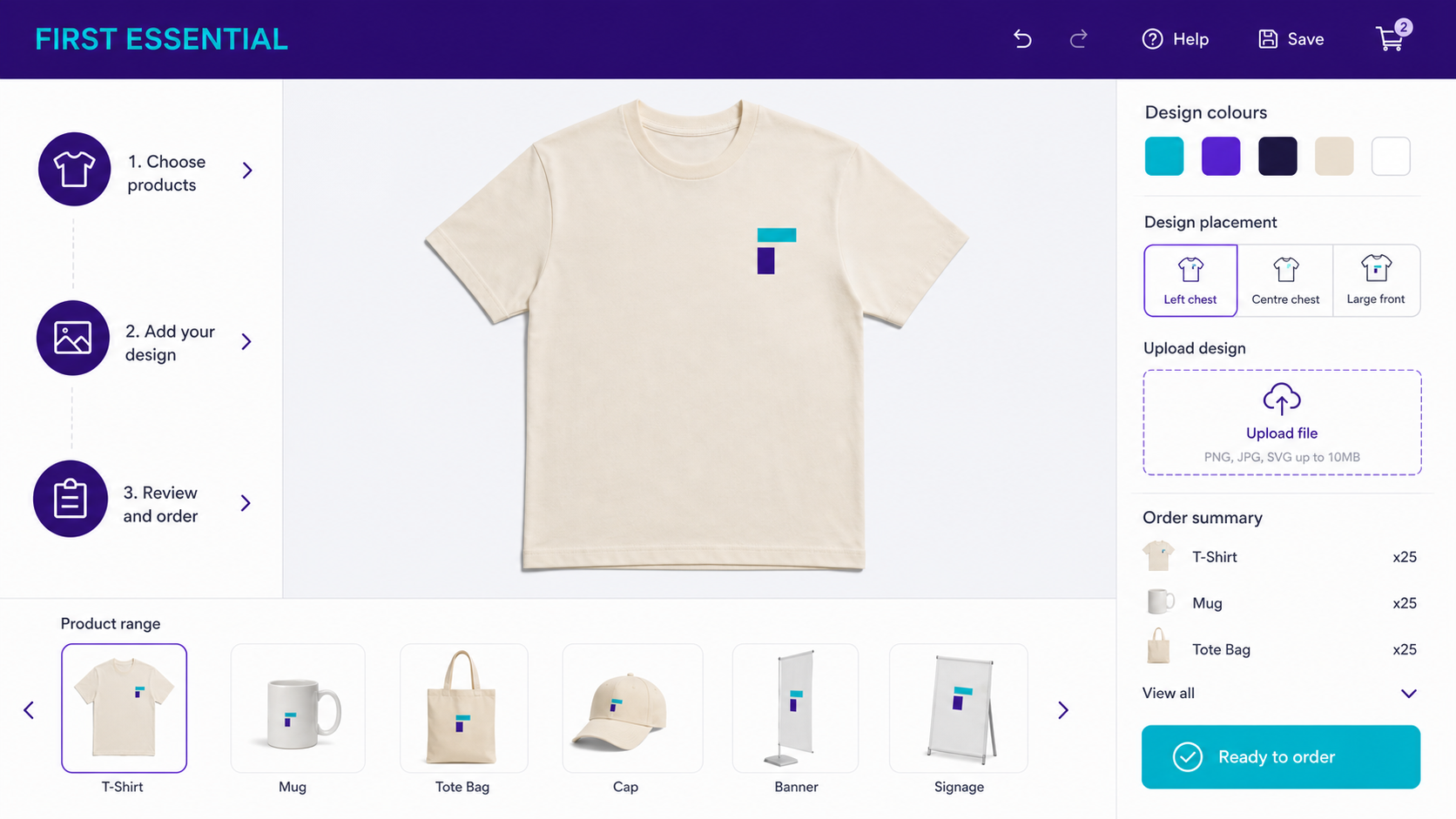 Online design customiser showing product range, design placement and order summary