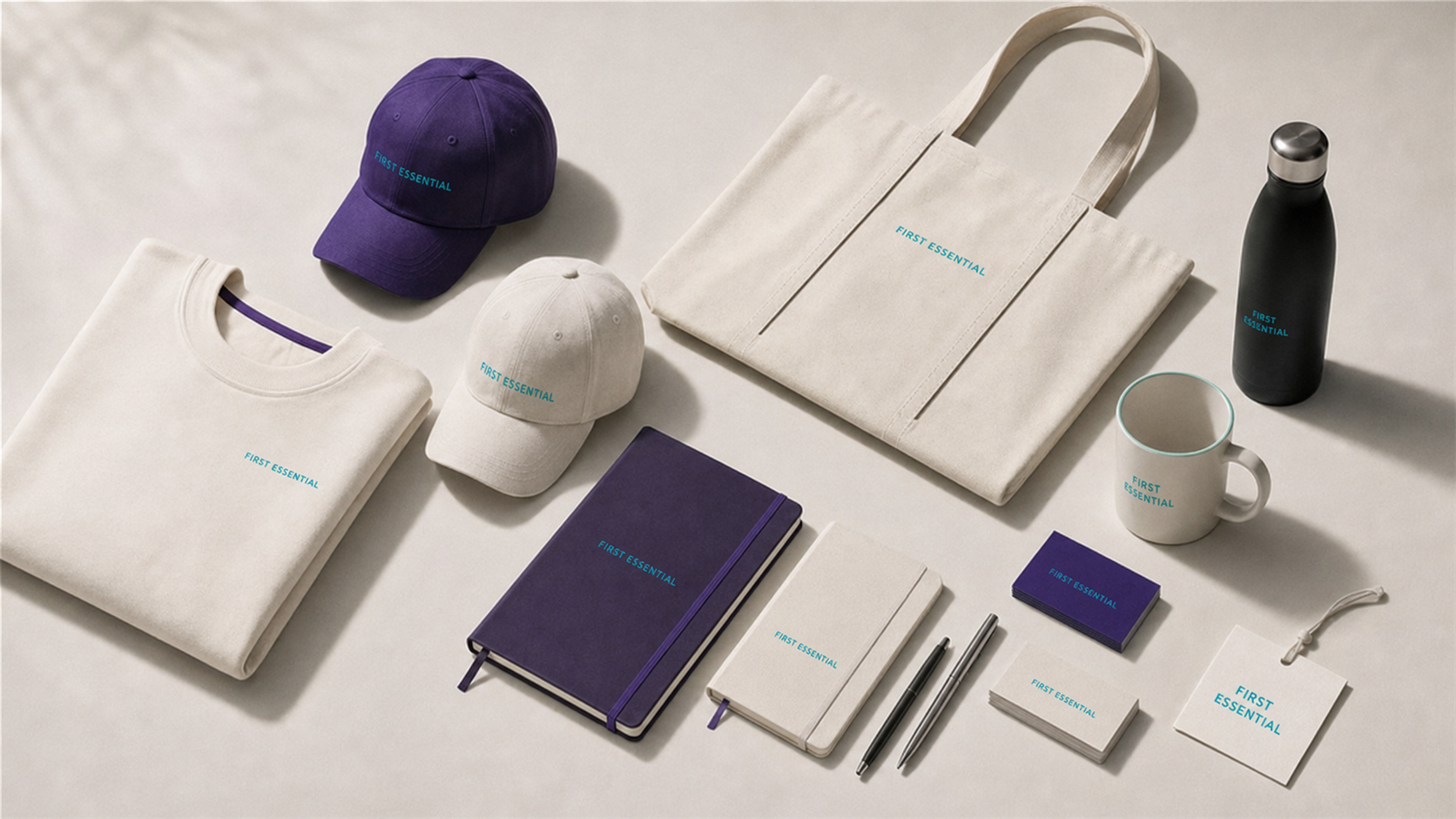 First Essential branded merchandise: apparel, bags, drinkware, notebooks and business cards