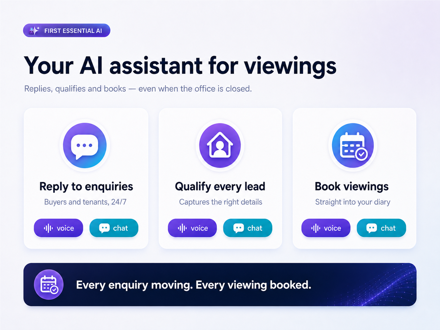 First Essential AI assistant for viewings: replies, qualifies and books enquiries day or night
