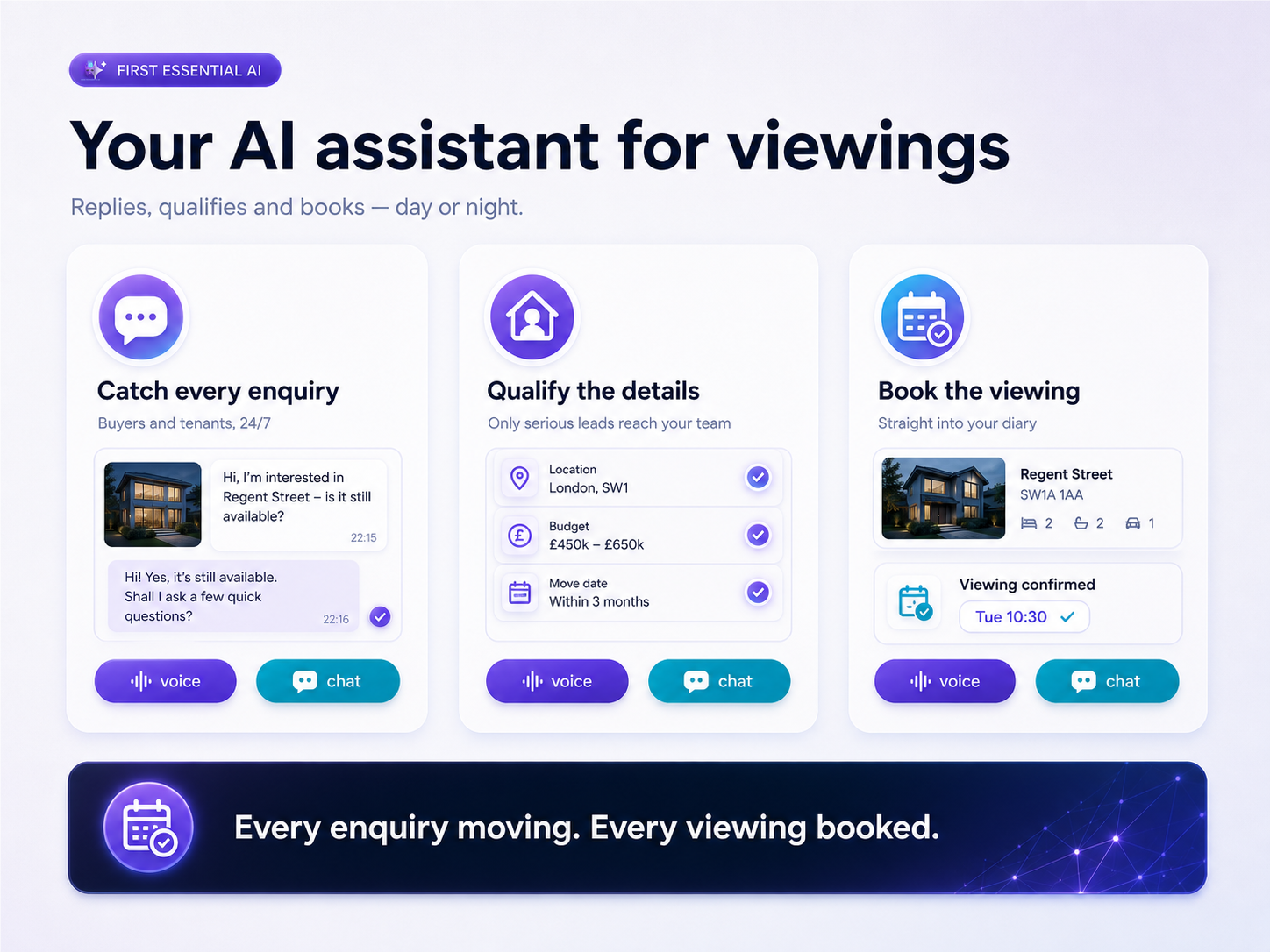 First Essential AI assistant catching enquiries, qualifying leads and booking viewings for a UK estate agency