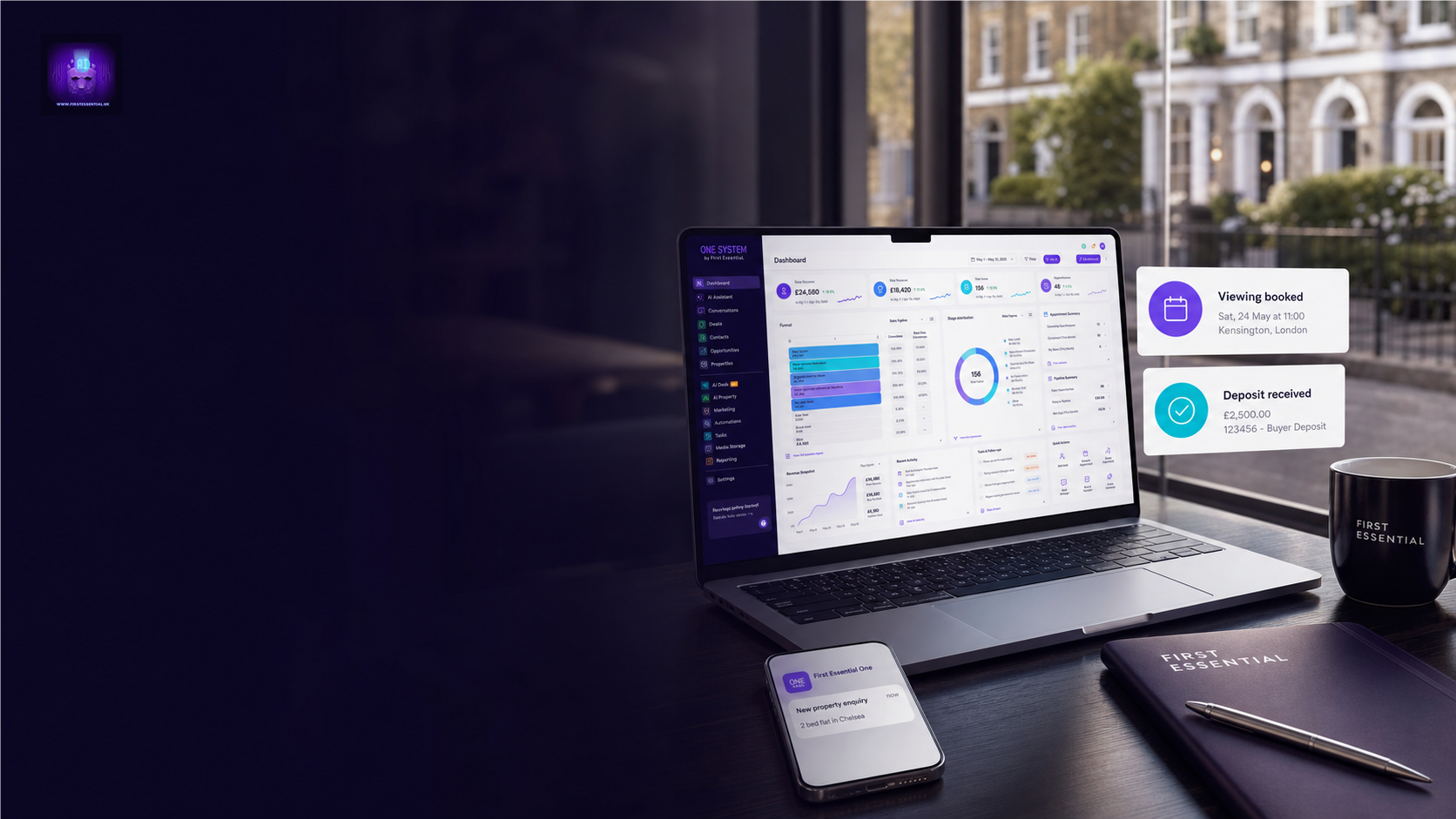 First Essential's CRM for property showing a viewing booked and deposit received for a UK property