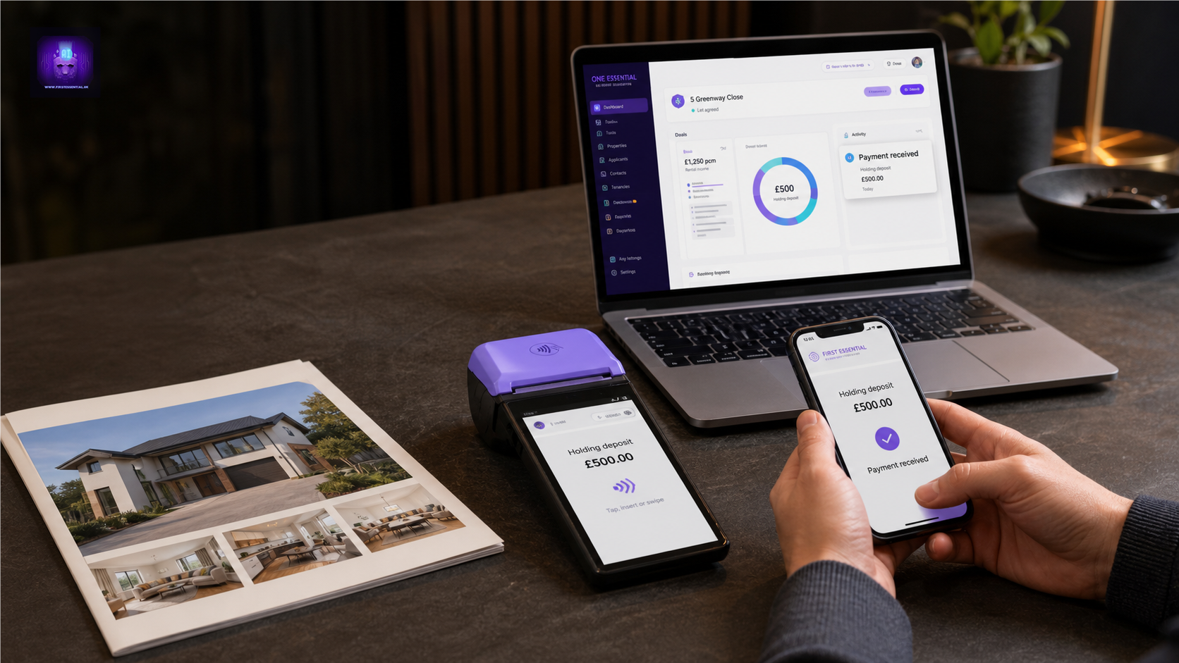 Holding deposit payment taken and confirmed across card machine, laptop and phone