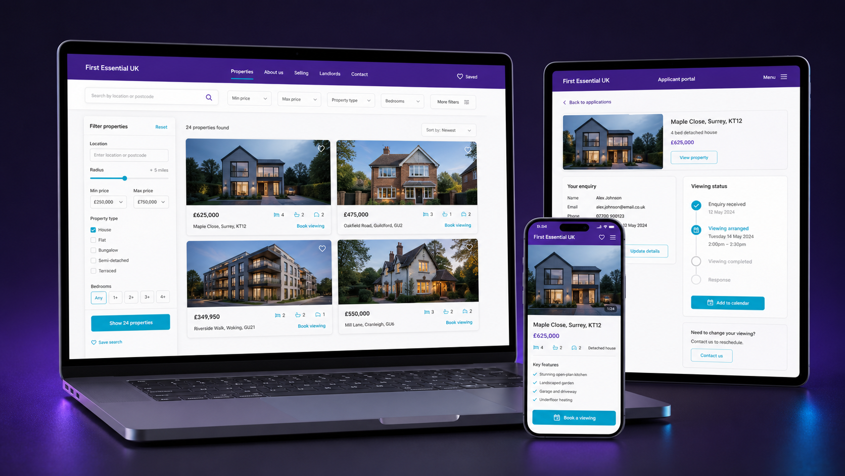 Property listing website and applicant portal across laptop, tablet and phone