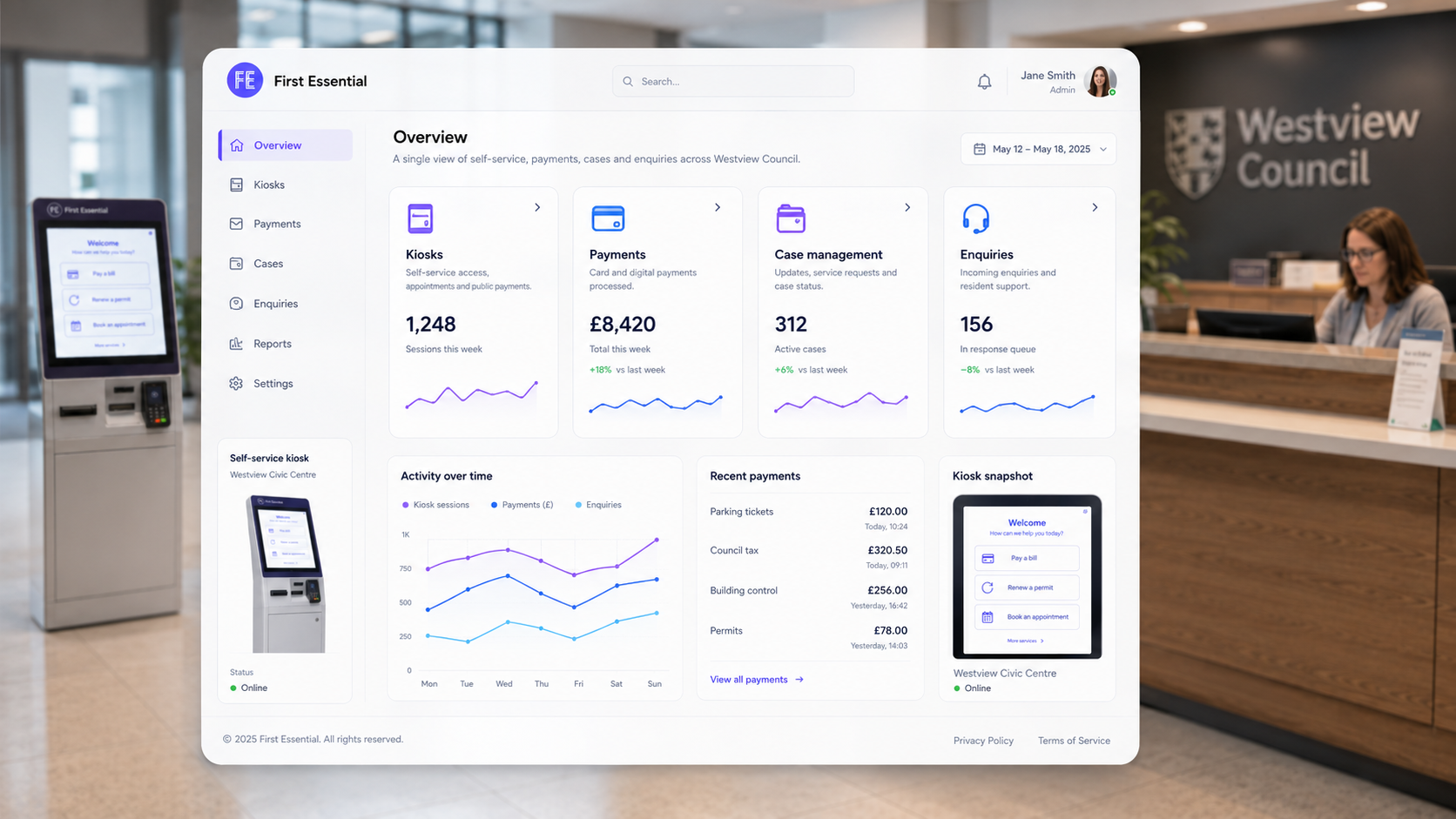 Illustrative First Essential One dashboard for council service workflows