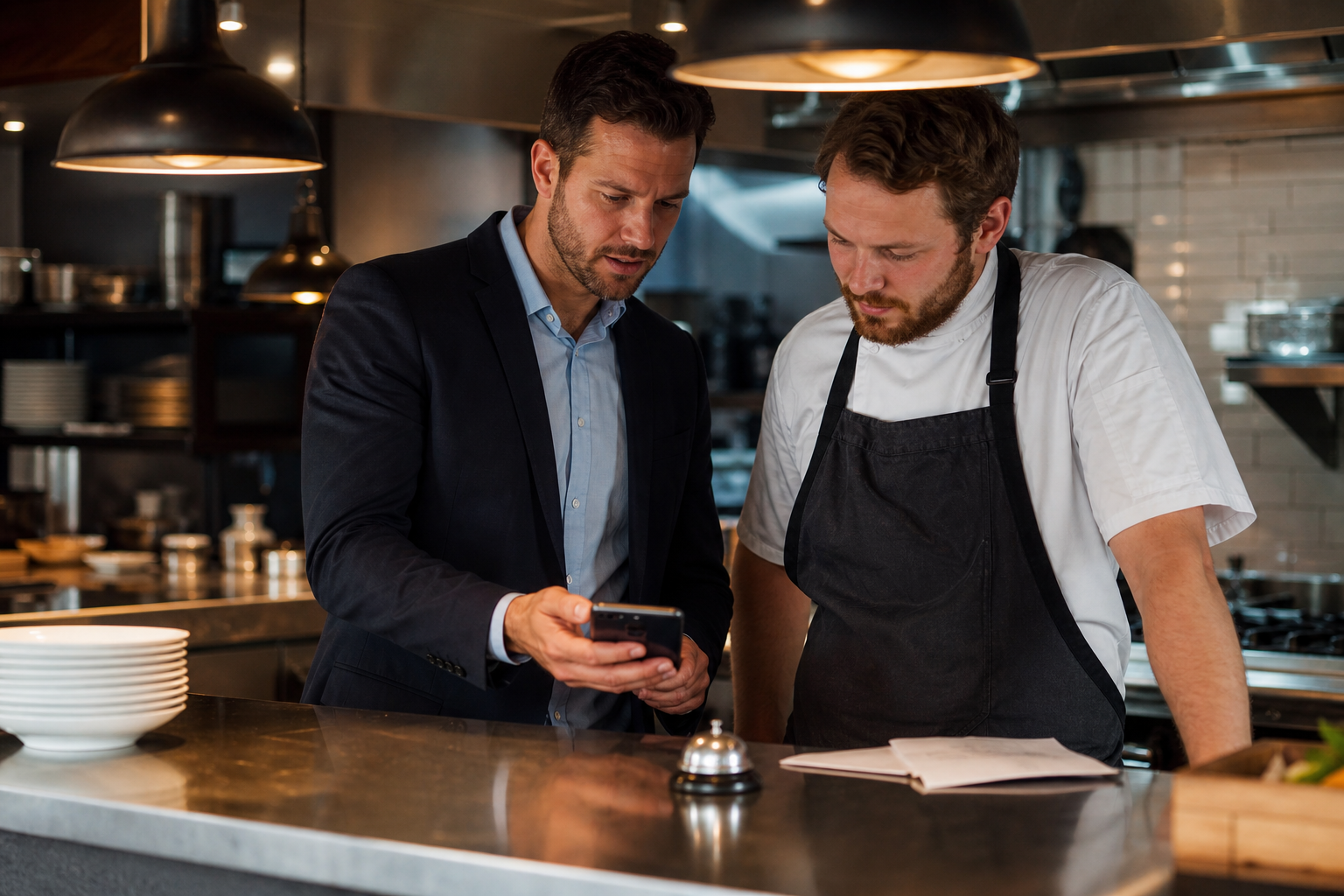 restaurant missed call audit notebook by a busy kitchen phone