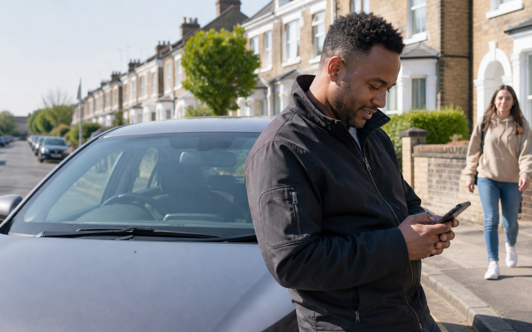 driving school booking software uk shown on an instructor's phone between lessons