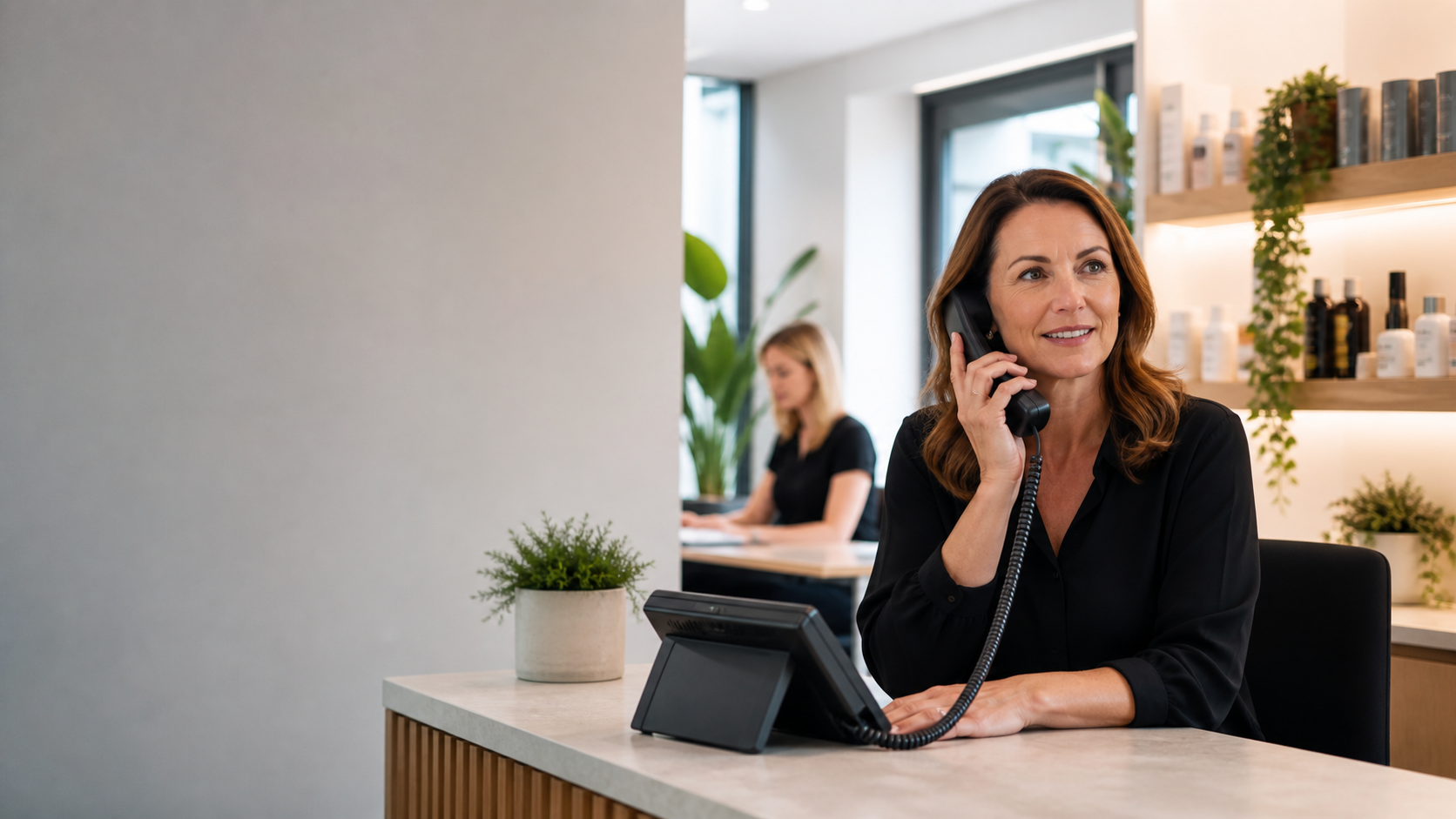 Small business owner handling a customer call with team support