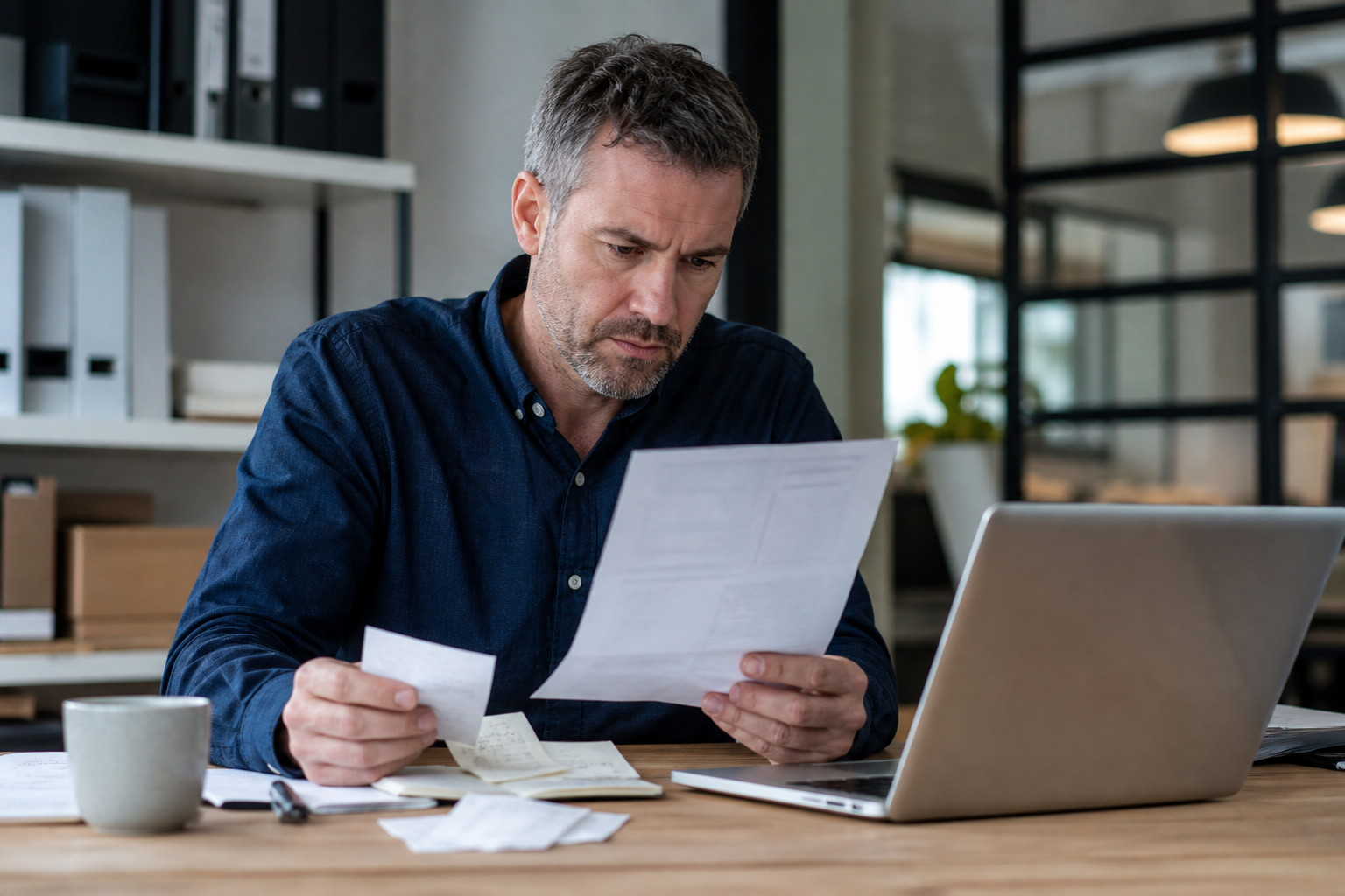 Business owner comparing card statement, refund records and bank settlement reference