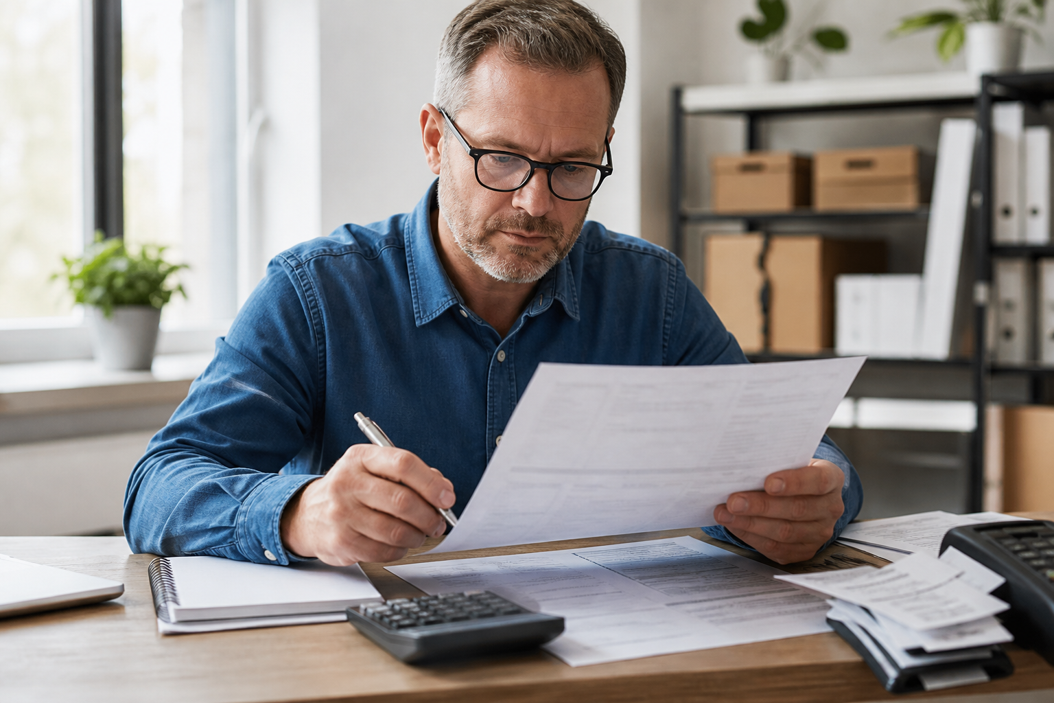 Small business owner reviewing a card processing statement and daily payment records