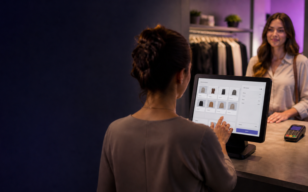 Retail assistant using an EPOS checkout screen while a customer pays