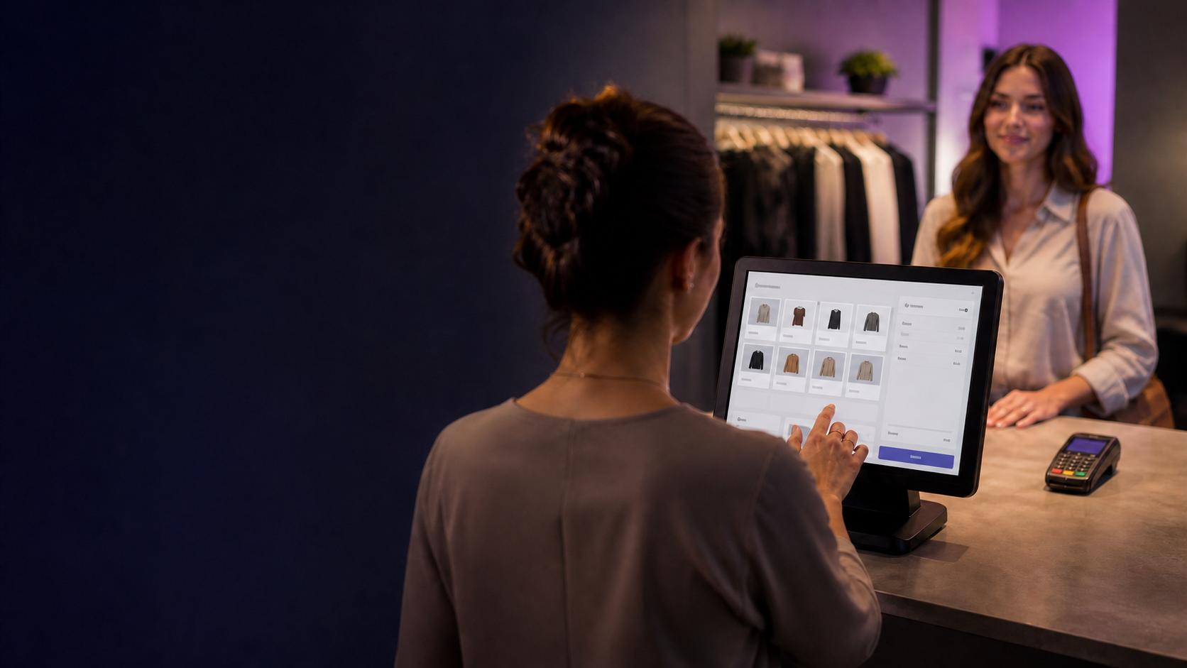 Retail assistant using an EPOS checkout screen while a customer pays