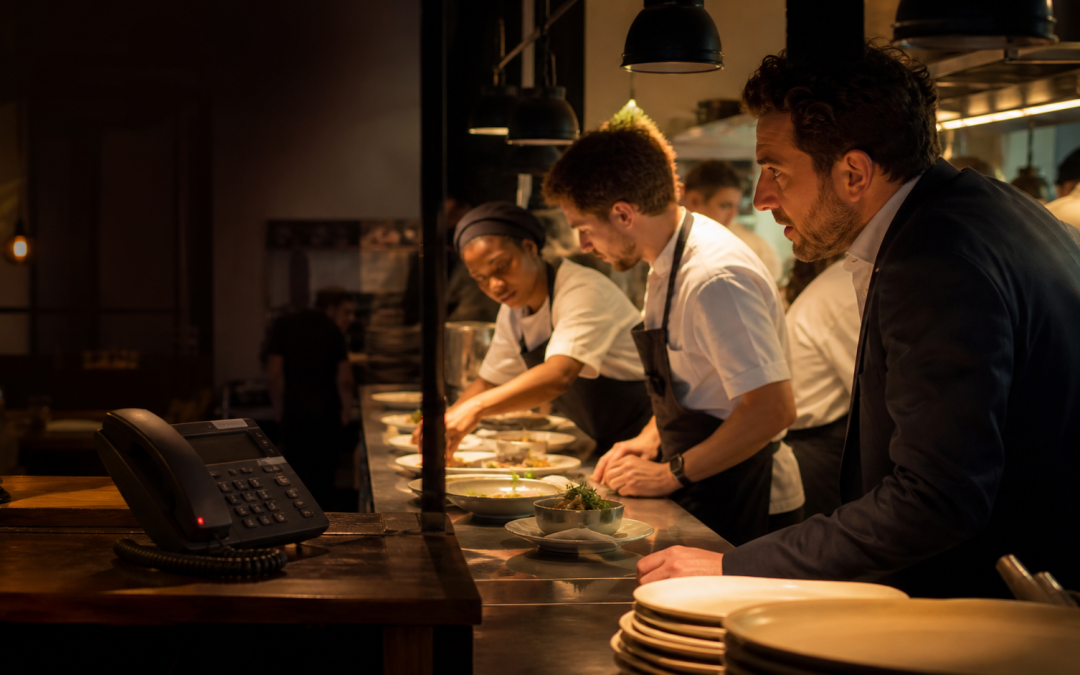 restaurant missed call audit notebook by a busy kitchen phone