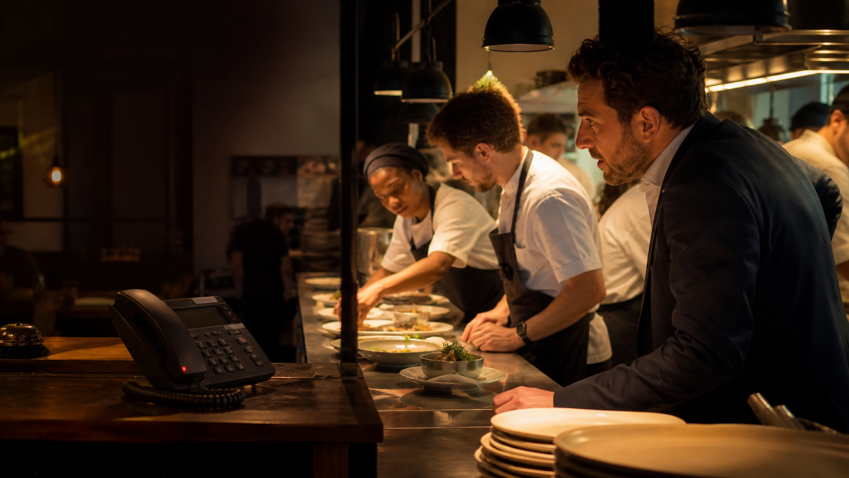restaurant missed call audit notebook by a busy kitchen phone