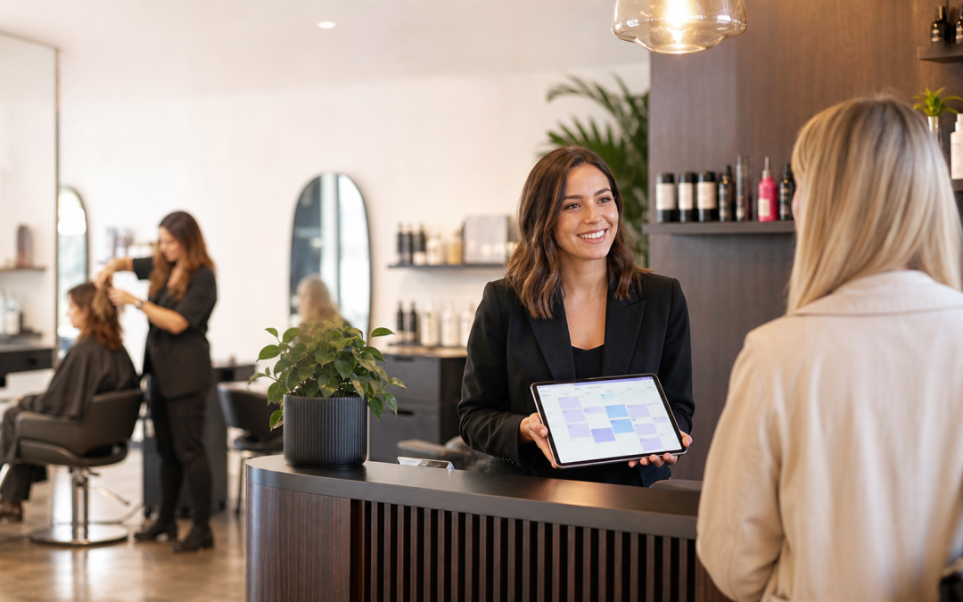 online booking system salons uk shown on a reception tablet