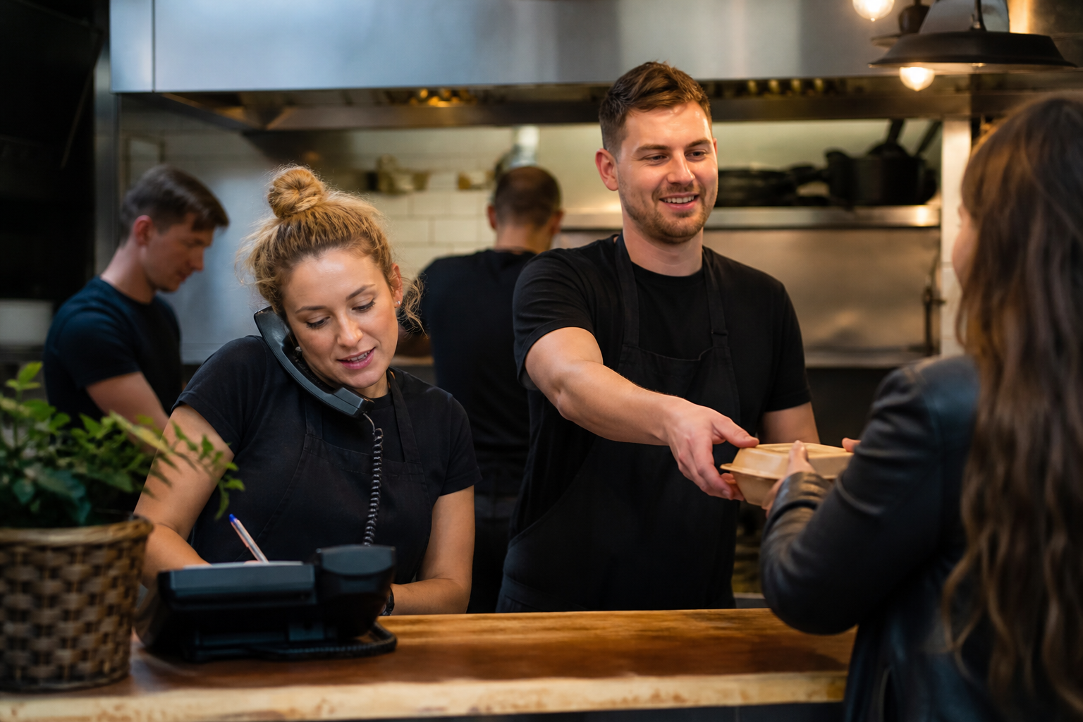AI phone answering restaurant order at a takeaway counter