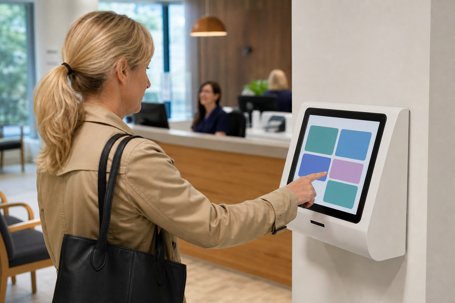self service kiosk healthcare UK visitor arrival screen in a calm clinic reception