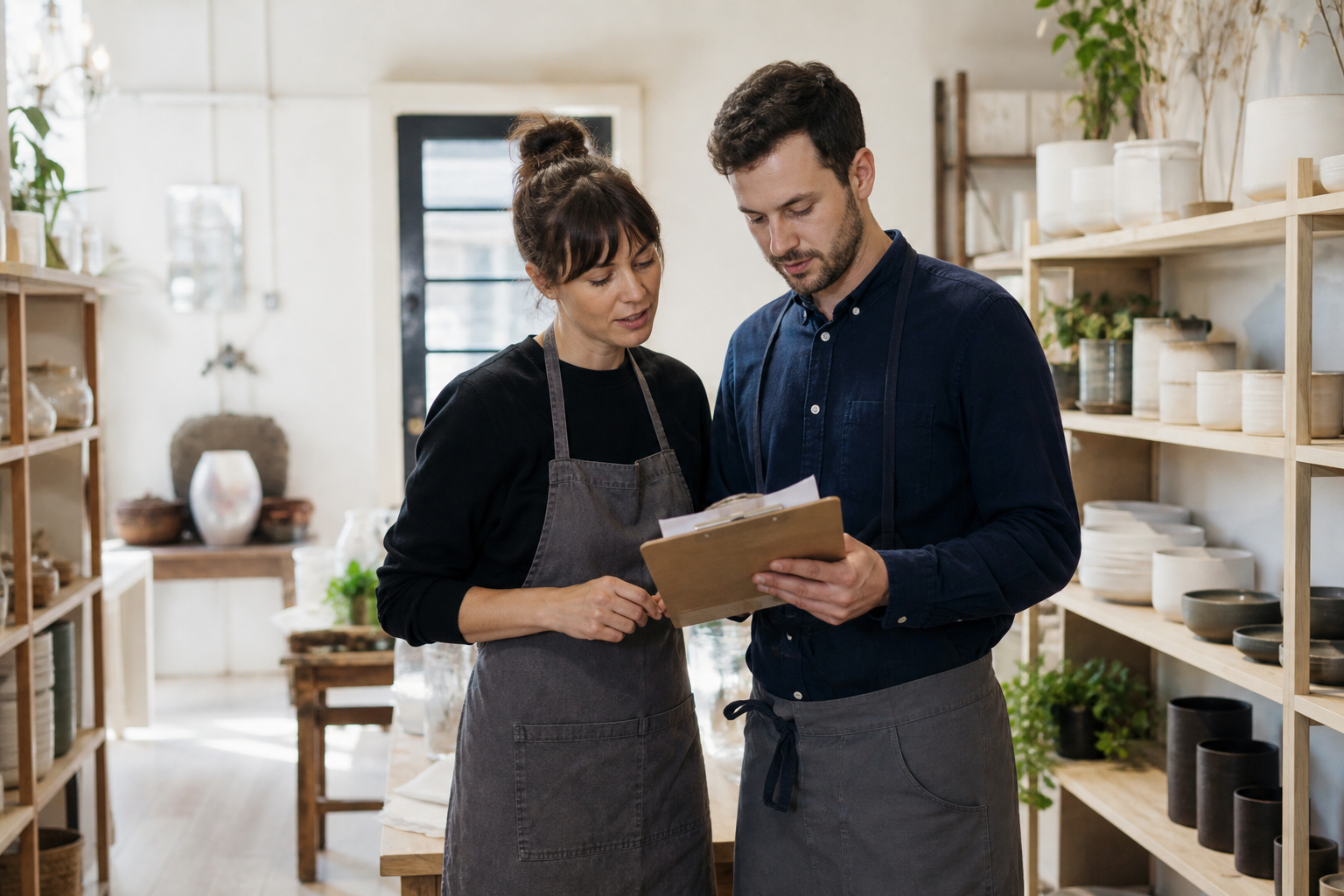 business reports small business owners reviewing their weekly sales summary