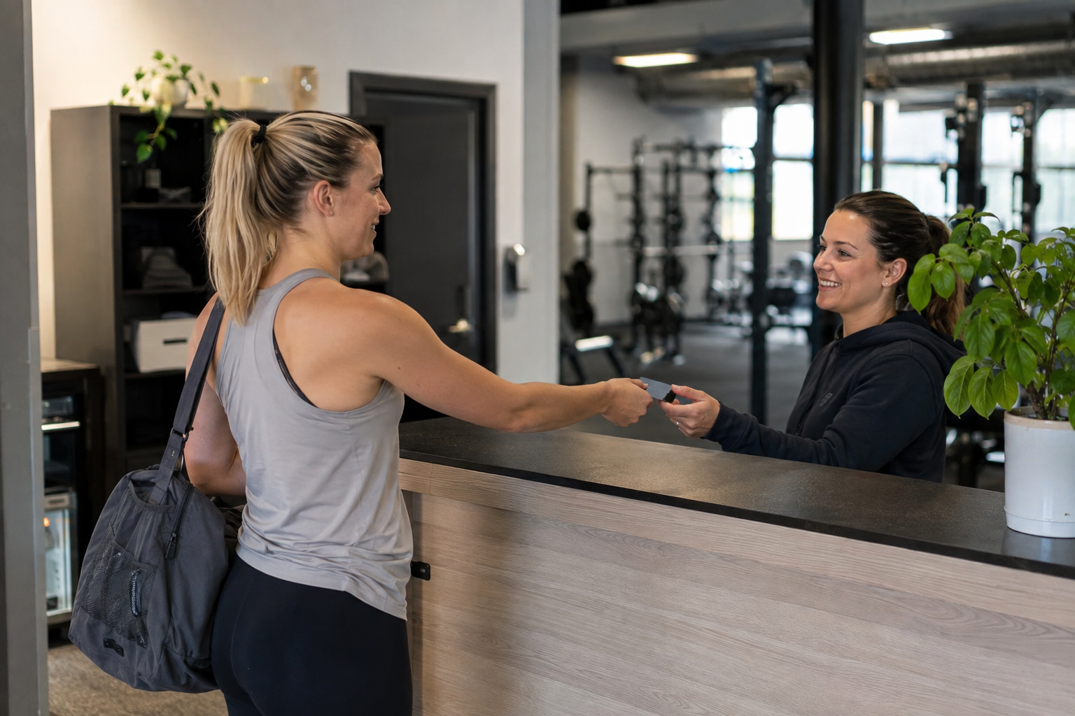 gym membership software UK member check-in at a fitness studio reception