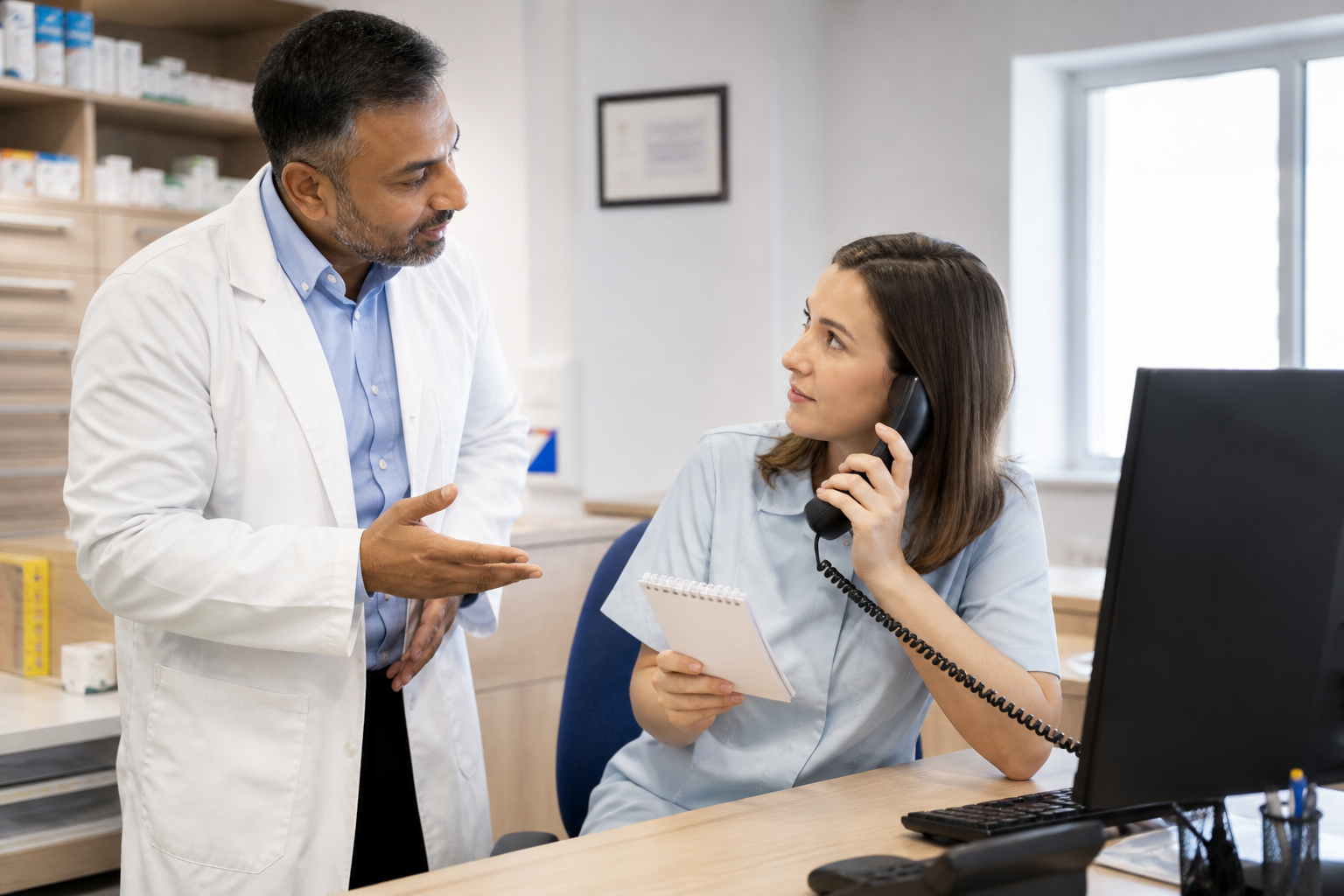 pharmacy phone system uk team handling a routine administrative call