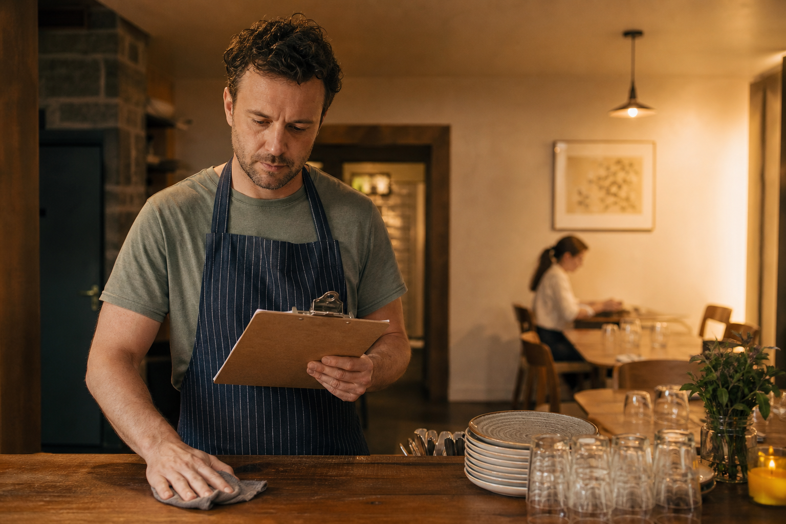 business reports small business stock and reorder check being carried out at a restaurant counter