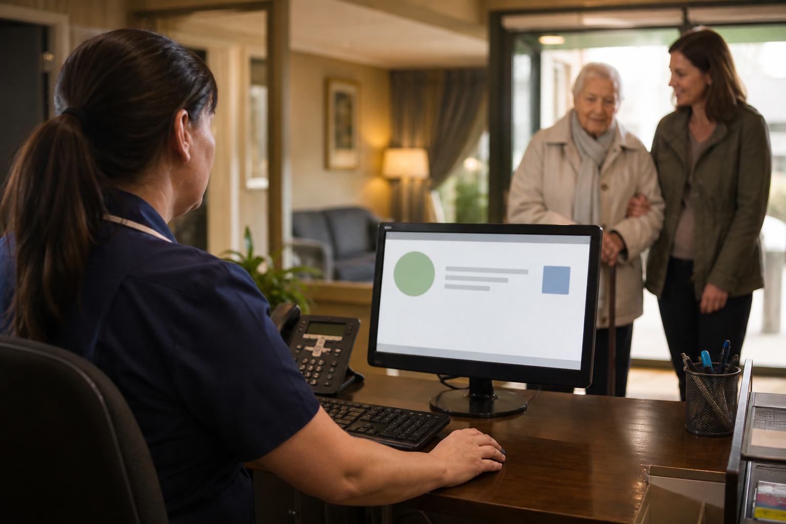 care-home receptionist receiving a clear digital visitor arrival notification