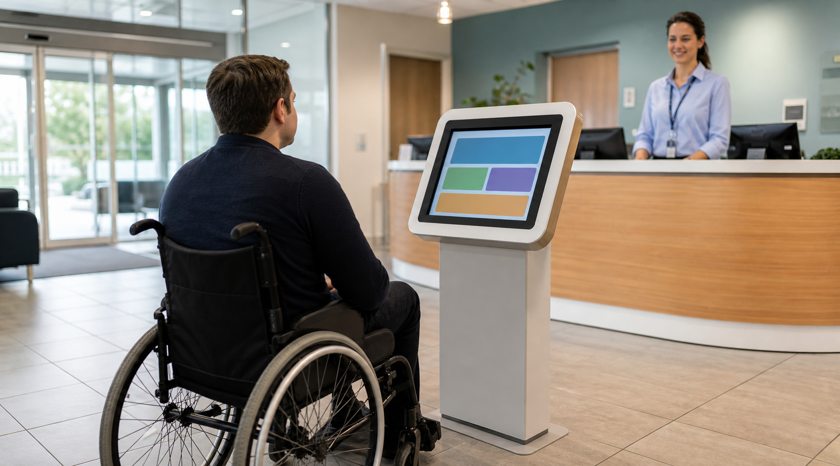 accessible healthcare visitor using a self service kiosk with clear human help nearby