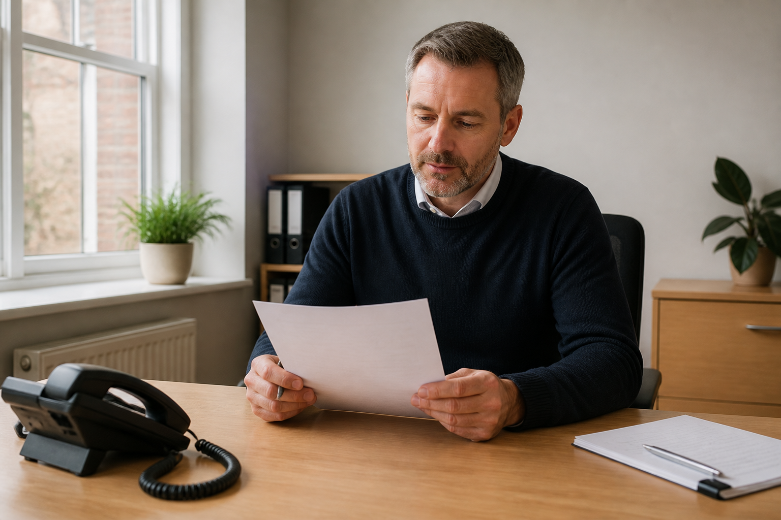 ai disclosure rules uk business manager reading a written AI policy document at his desk