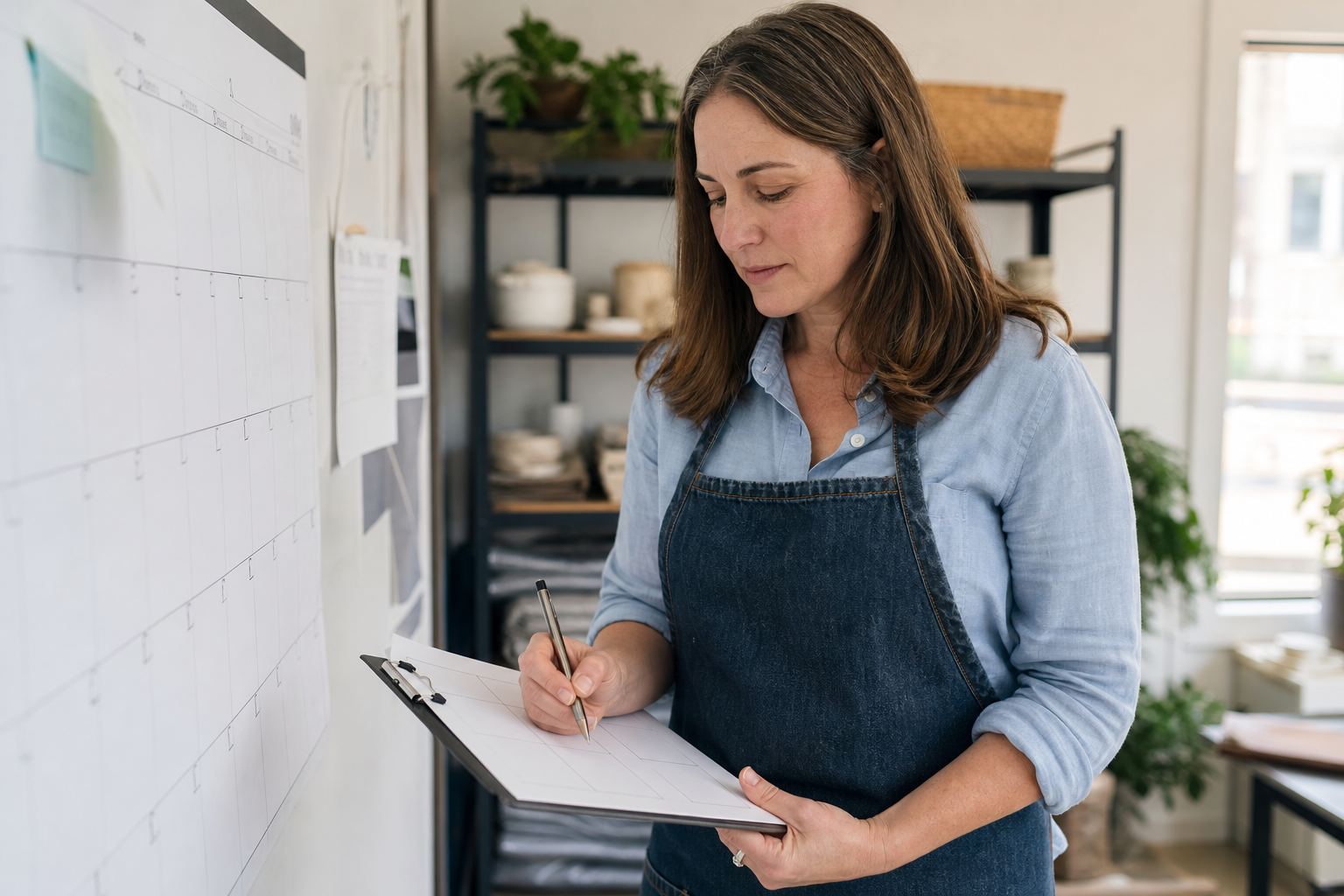 business reports small business owner planning next week's staffing and bookings against a wall calendar