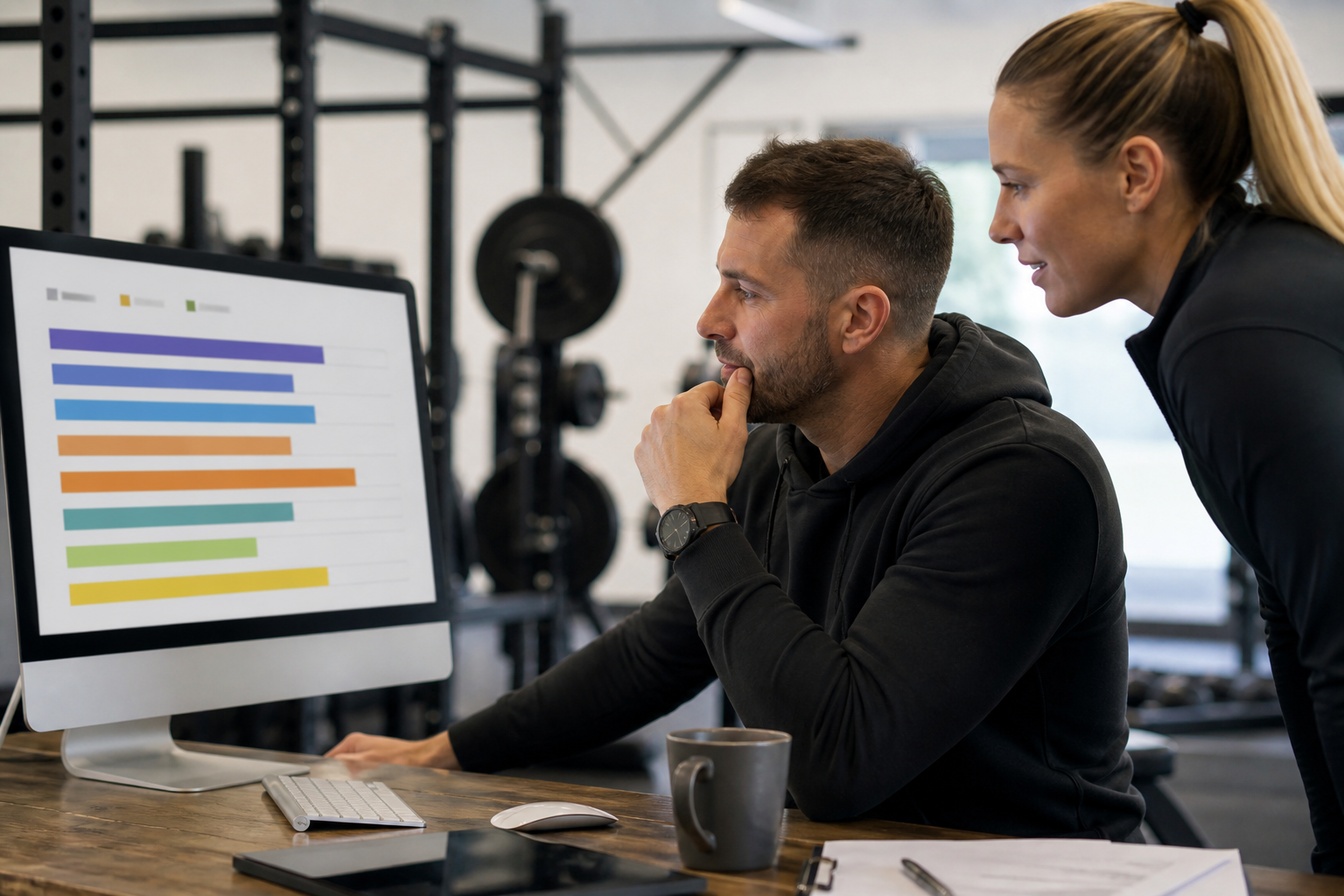 gym owner reviewing results from gym membership software UK with a coach