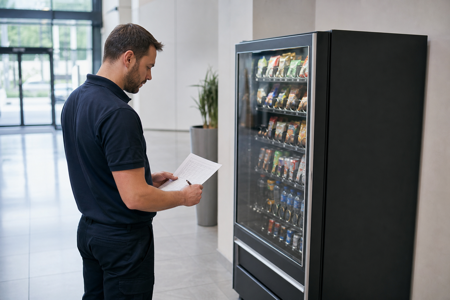 unattended payments uk operator checking a vending machine maintenance list