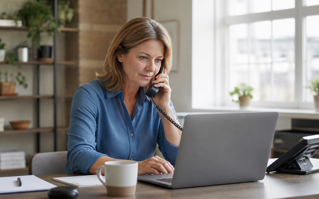 ai disclosure rules uk business owner on the phone at her desk with a laptop open