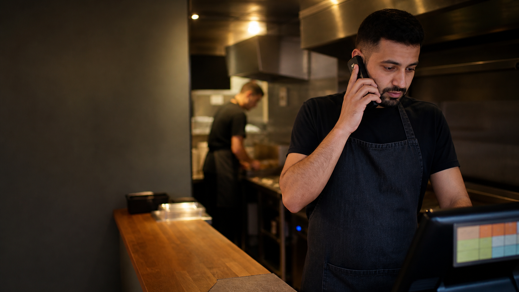 ai phone answering takeaway staff handling a busy evening call