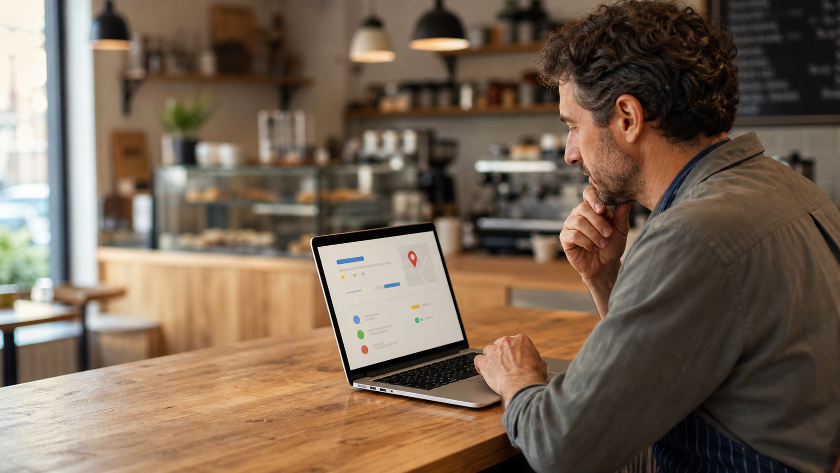 small business owner updating a business profile on a laptop