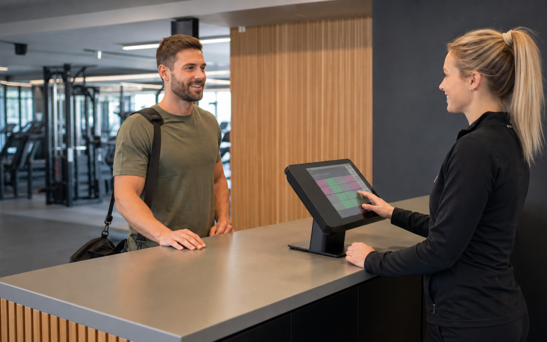 gym membership software UK used by a receptionist at a fitness studio