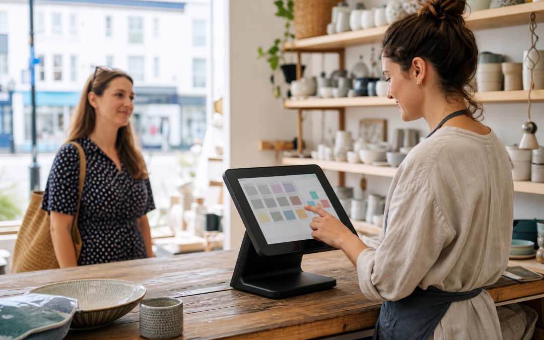 Retail technology Worthing shop assistant using a staff-facing EPOS touchscreen