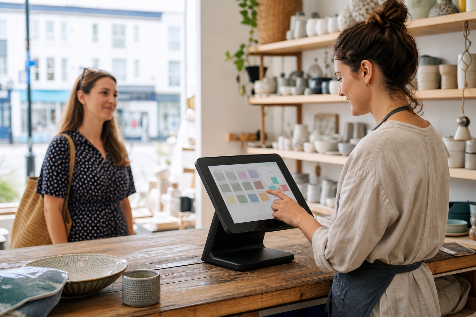 Retail technology Worthing shop assistant using a staff-facing EPOS touchscreen